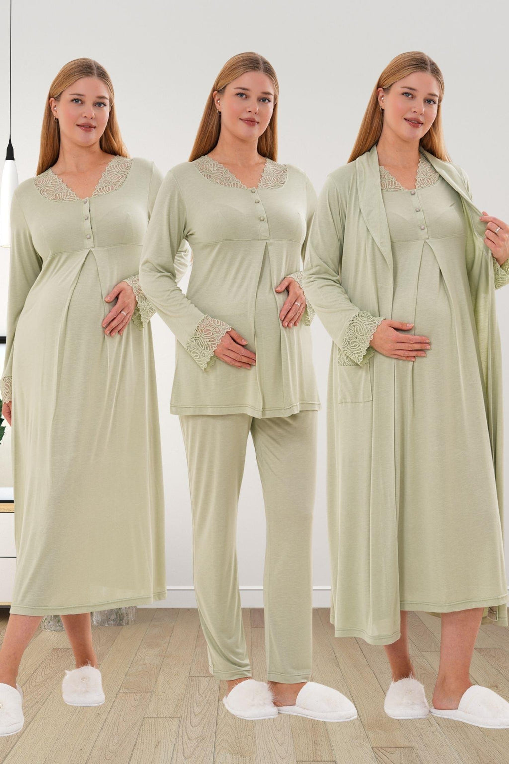Yeşil Uzun Kollu Dantel Detaylı Emzirme Kolaylıklı Lohusa Sabahlık Gecelik Pijama Takımı 4'lü Lohusa Seti-6332