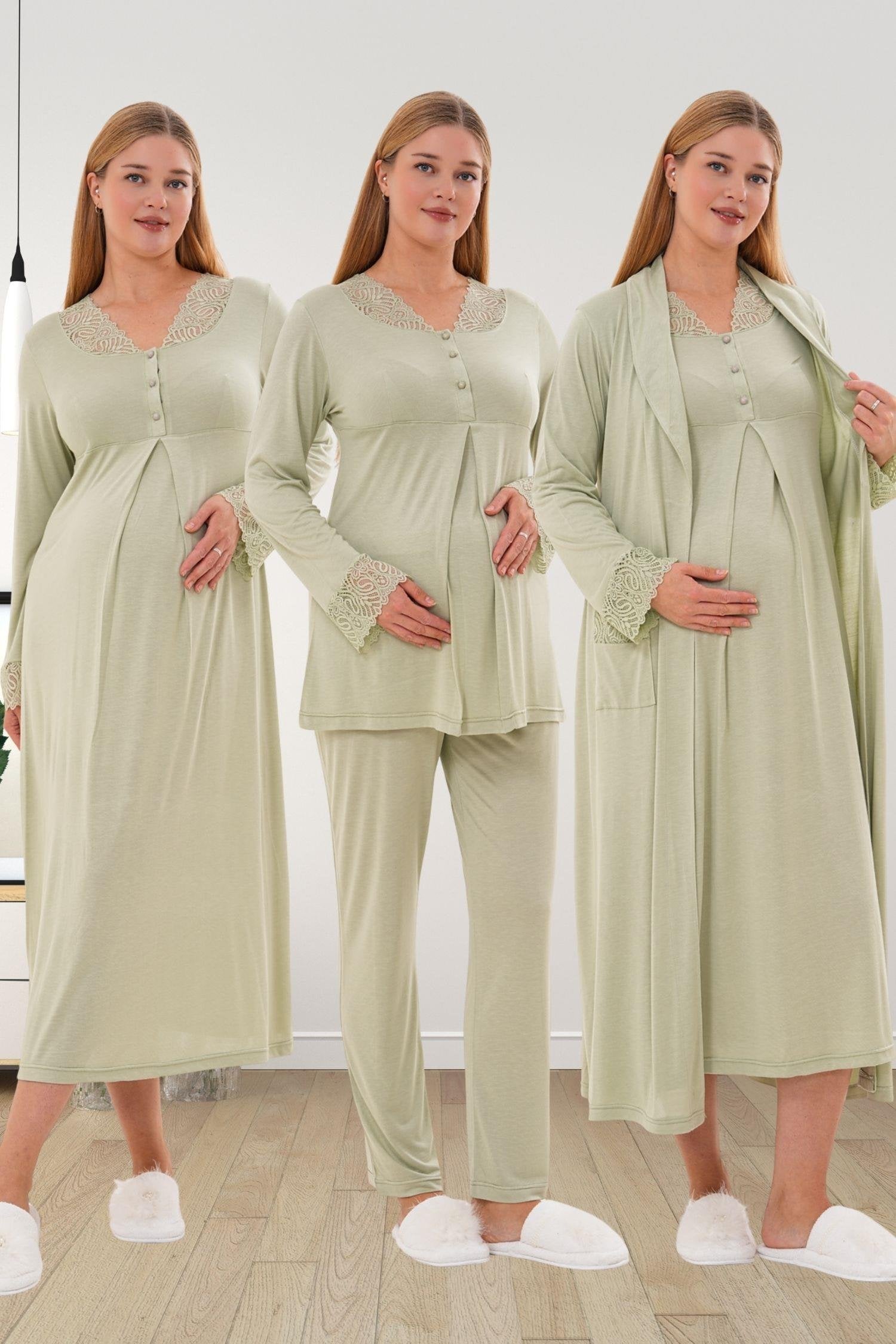 Yeşil Uzun Kollu Dantel Detaylı Emzirme Kolaylıklı Lohusa Sabahlık Gecelik Pijama Takımı 4'lü Lohusa Seti-6332