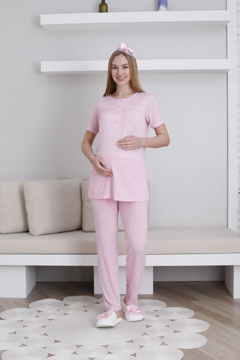 Pudra Kısa Kollu Emzirme Özellikli Sabahlıklı Lohusa Pijama Takımı-3439