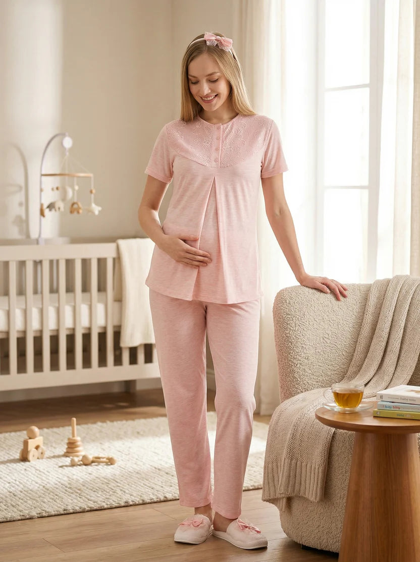 Somon Kısa Kollu Çiçek Desenli Emzirme Kolaylıklı Sabahlıklı Lohusa Pijama Takımı-3471
