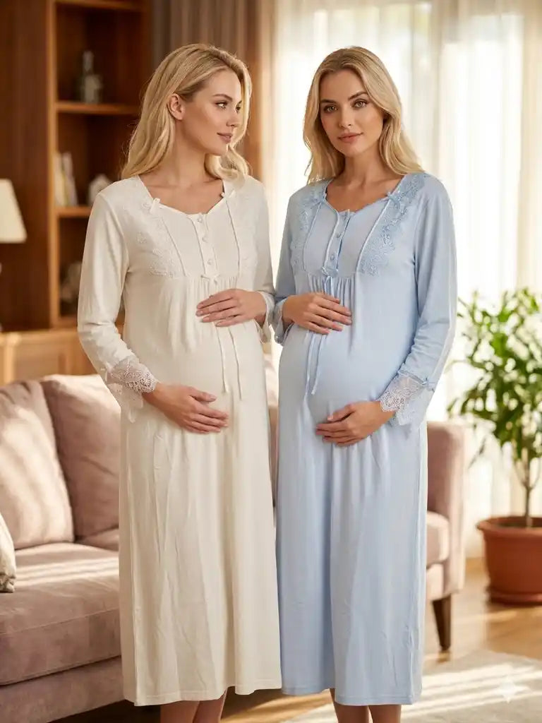 Ekru-Mavi Uzun Kollu Dantel Detaylı Emzirme Özellikli Müslin Sabahlıklı Lohusa Pijama Takımı-6108