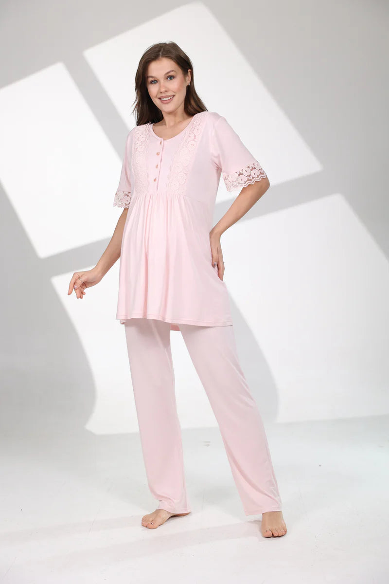 Çiçek Desenli Yumuşak Dokulu Soft Lohusa Sabahlıklı Pijama Takım- 715