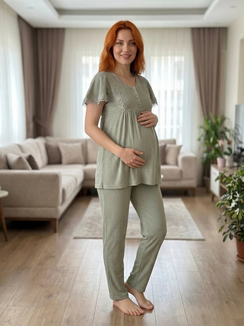 Yeşil Kısa Kollu Şık Dantel Detaylı Emzirme Özellikli Lohusa Pijama Takımı-6230