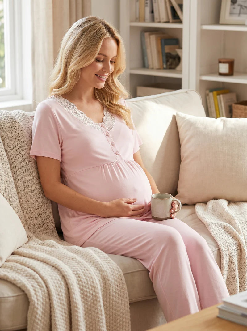 Kalp Desenli Dantel Yaka Detaylı Sabahlıklı Lohusa Pijama Takımı-2059