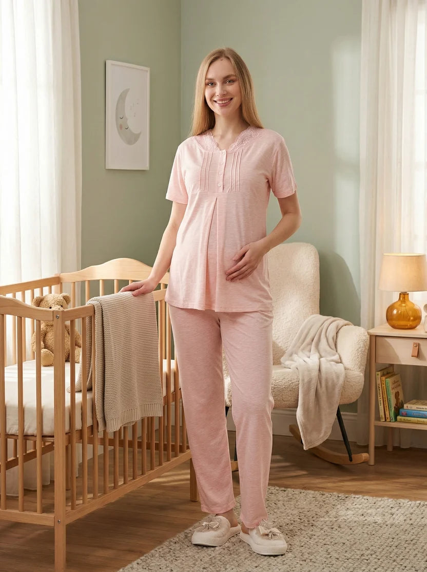 Somon Dantel Yaka Detaylı Emzirme Özellikli Sabahlıklı Lohusa Pijama Takımı-3462