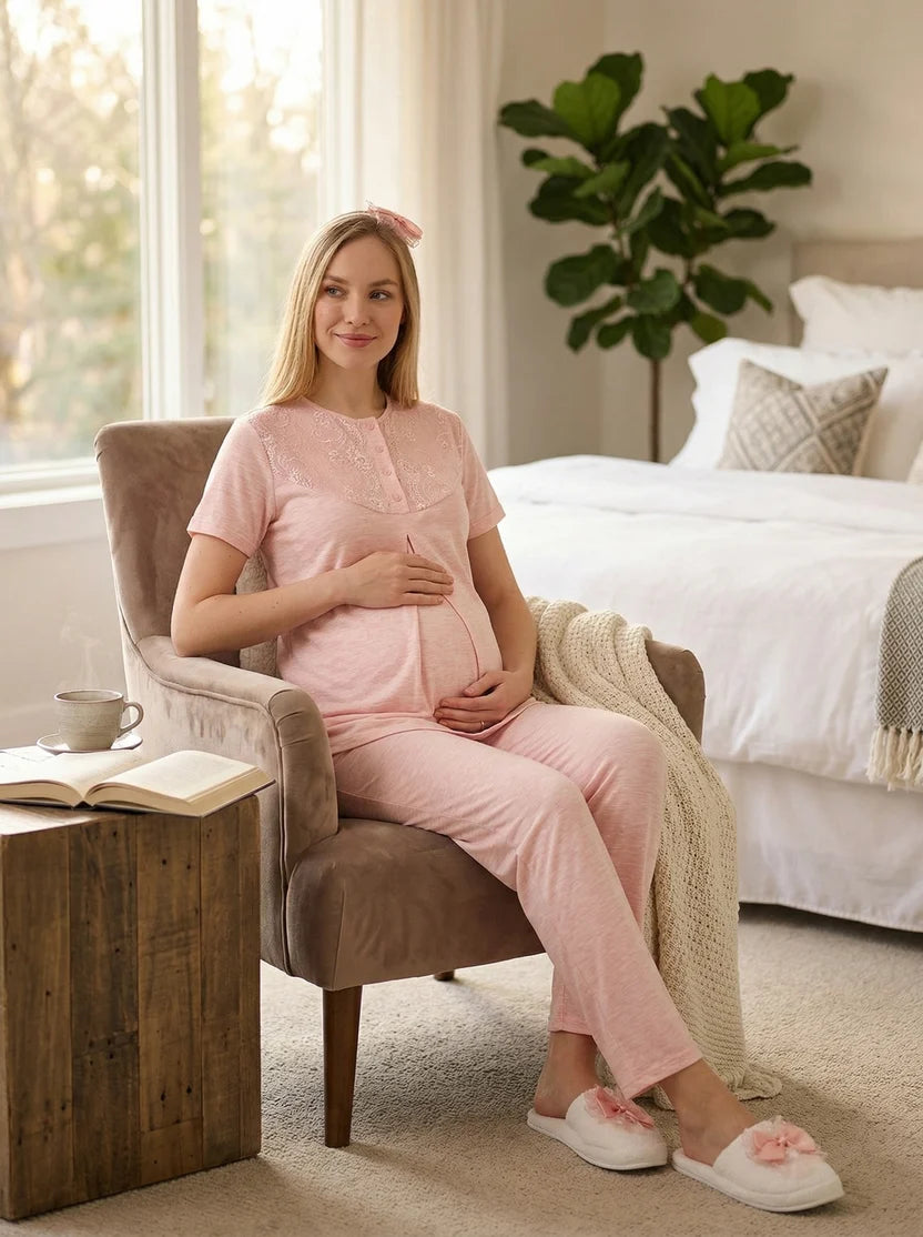 Somon Kısa Kollu Çiçek Desenli Emzirme Kolaylıklı Sabahlıklı Lohusa Pijama Takımı-3471