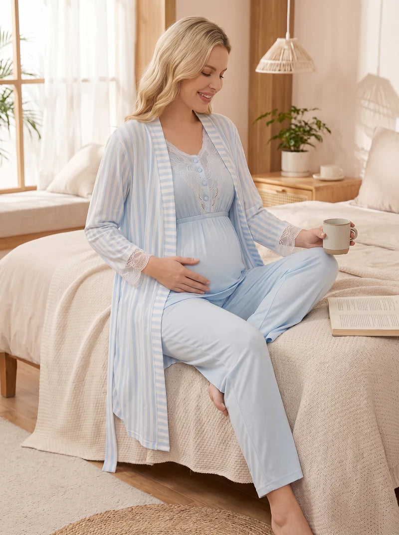 Kısa Kollu Dantel Detaylı Çizgili Sabahlıklı Lohusa Pijama Takımı-2054