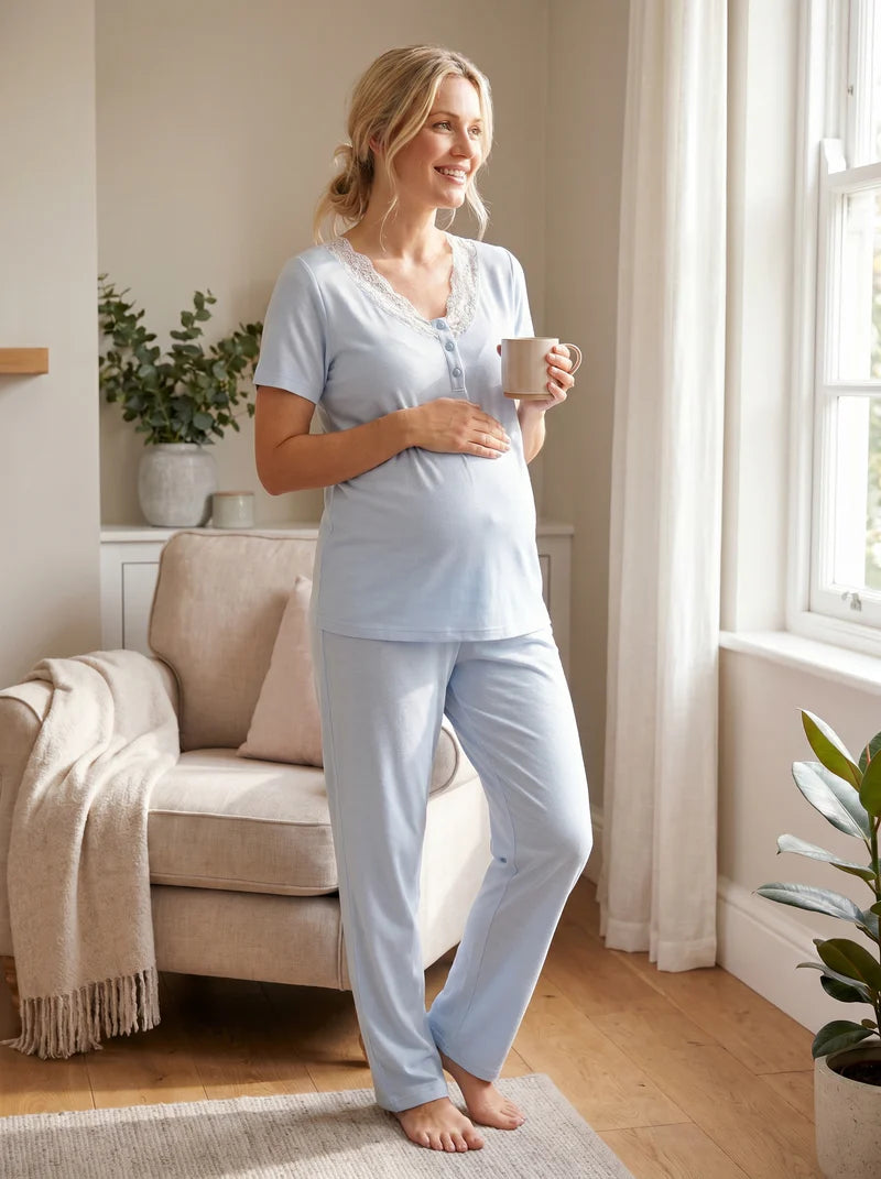 Kalp Desenli Dantel Yaka Detaylı Sabahlıklı Lohusa Pijama Takımı-2060