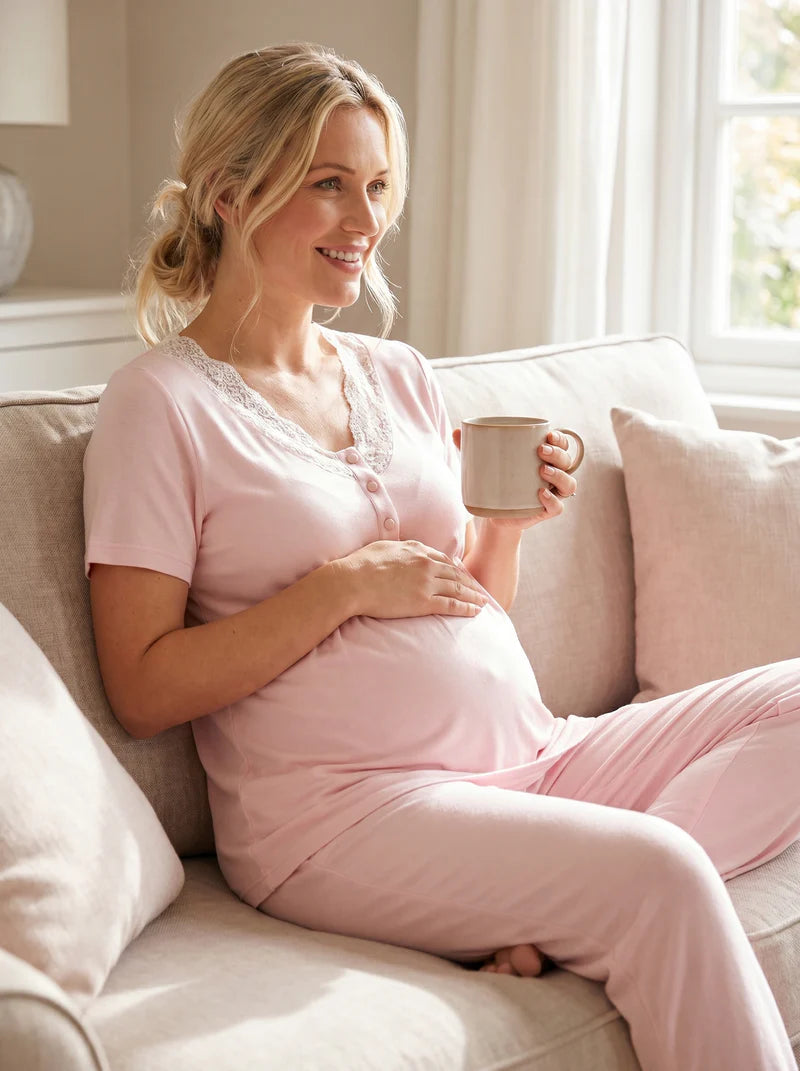 Kalp Desenli Dantel Yaka Detaylı Sabahlıklı Lohusa Pijama Takımı-2059