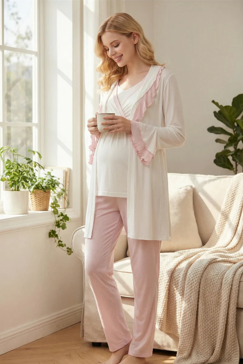 Fırfır Yakalı Pembe Detay Sabahlıklı Kruvaze Lohusa Pijama Takımı-2012