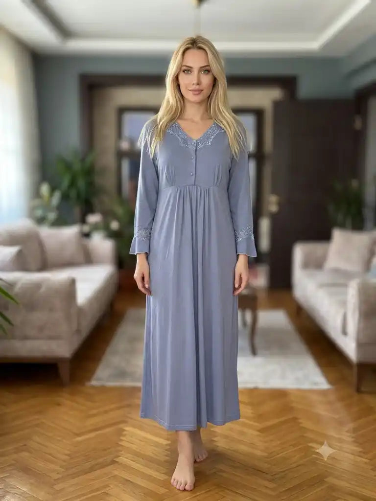Mavi Uzun Kollu Emzirme Özellikli Dantel Yaka Detaylı Saten Sabahlıklı Lohusa Gecelik Takımı-6328