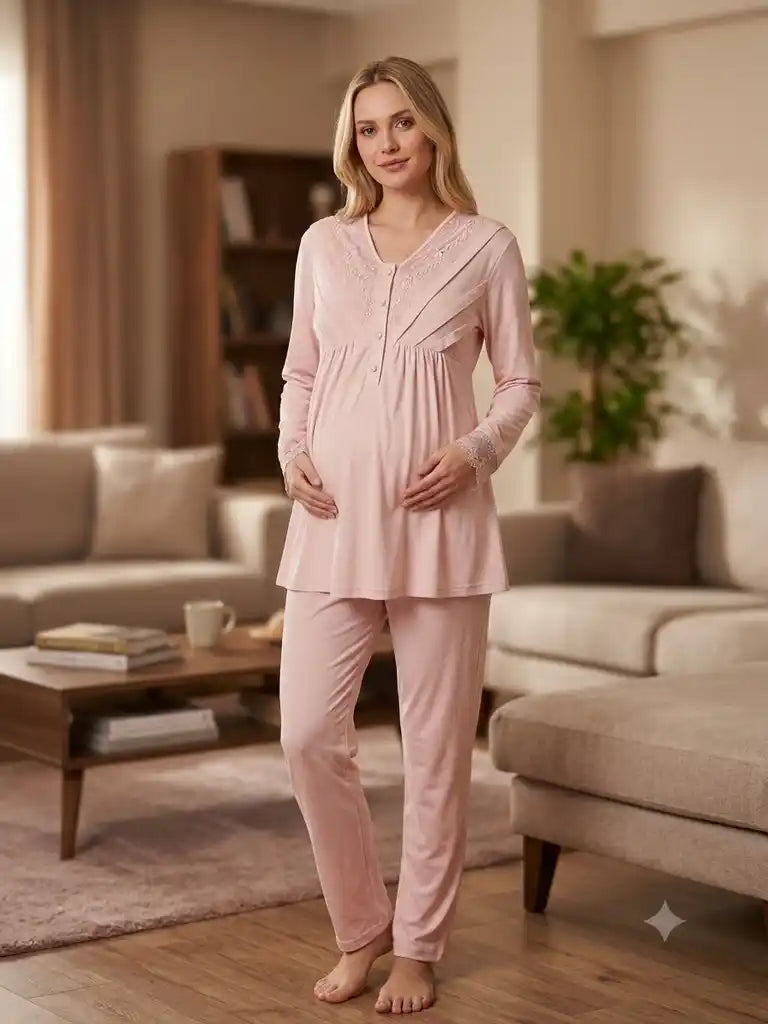 Pudra Uzun Kollu Emzirme Özellikli Şık Dantel Detaylı Sabahlıklı Lohusa Pijama Takımı-6305