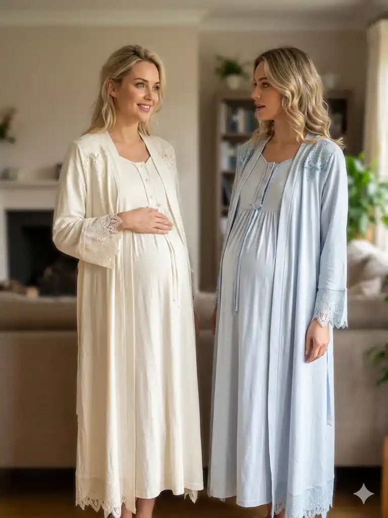 Ekru-Mavi Uzun Kollu Dantel Detaylı Emzirme Özellikli Müslin Sabahlıklı Lohusa Pijama Takımı-6108