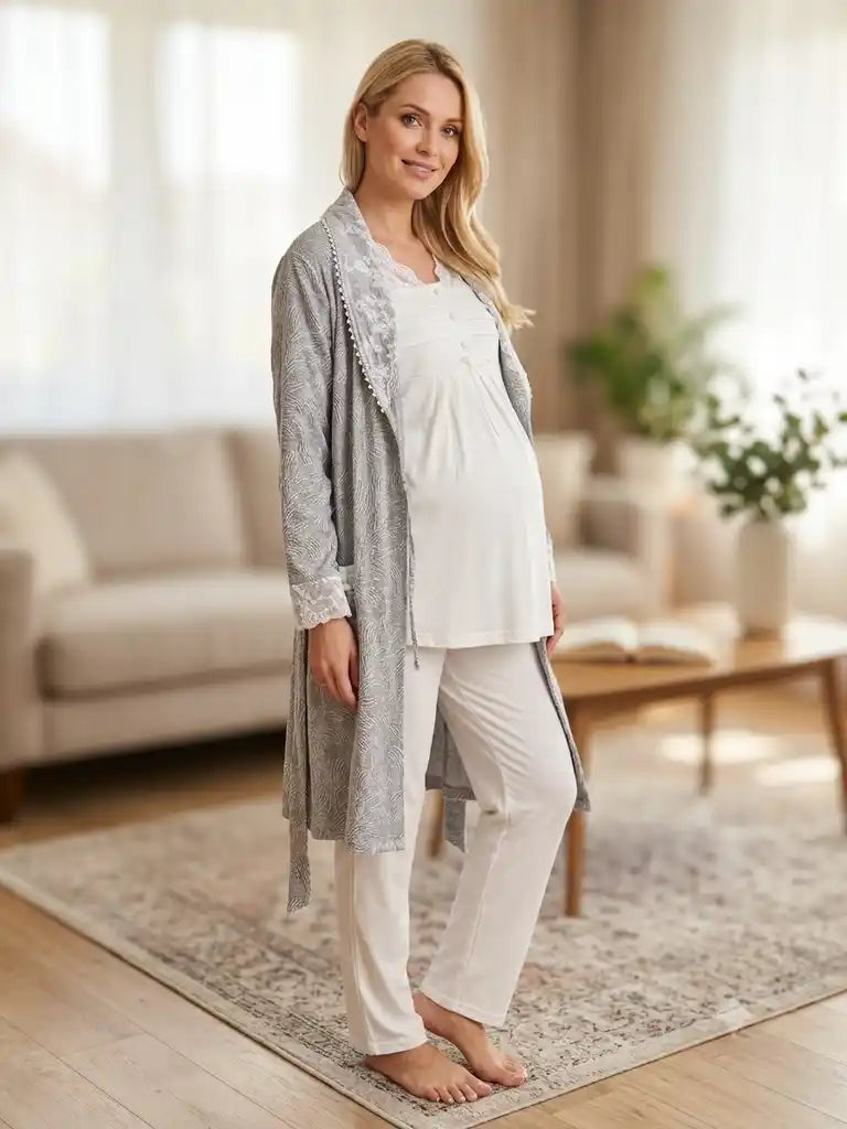 Ekru Uzun Kollu Emzirme Özellikli Dantel Detaylı Jakar Sabahlıklı Lohusa Pijama Takımı-6304