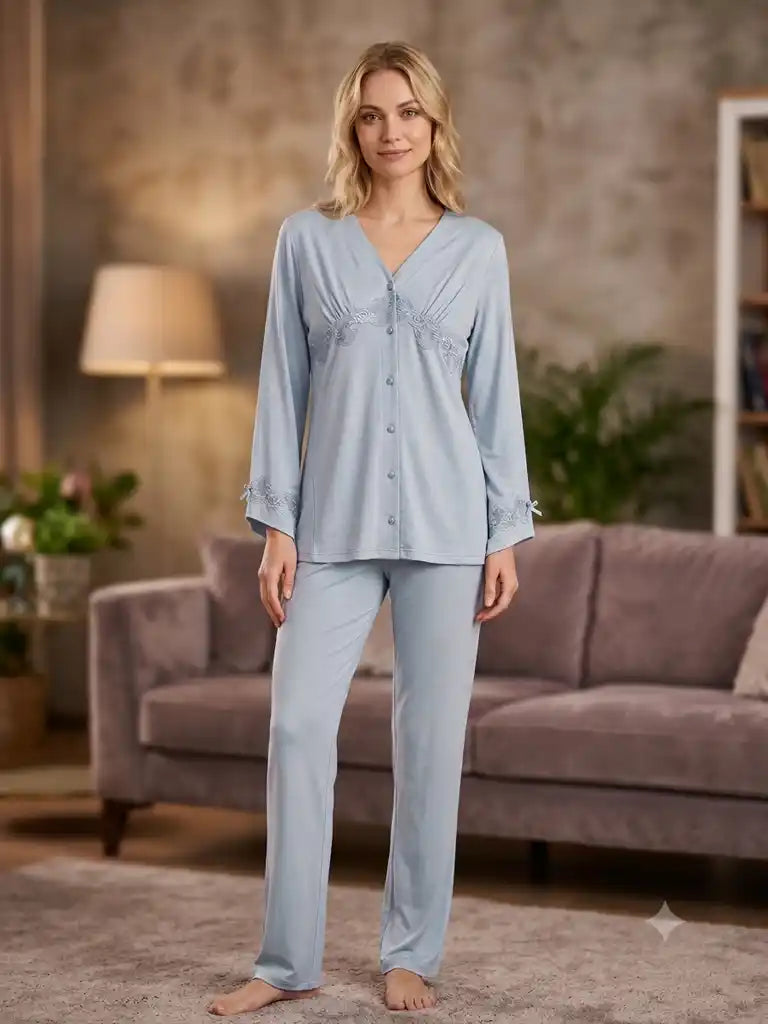 Koyu Gri Uzun Kollu Önden Düğmeli Dantel Detaylı Sabahlıklı Lohusa Pijama Takımı-6314