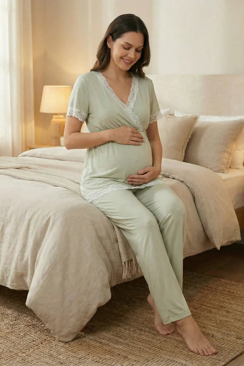 Dantel Biyeli Kruvaze Lohusa Sabahlıklı Pijama Takım- 2032