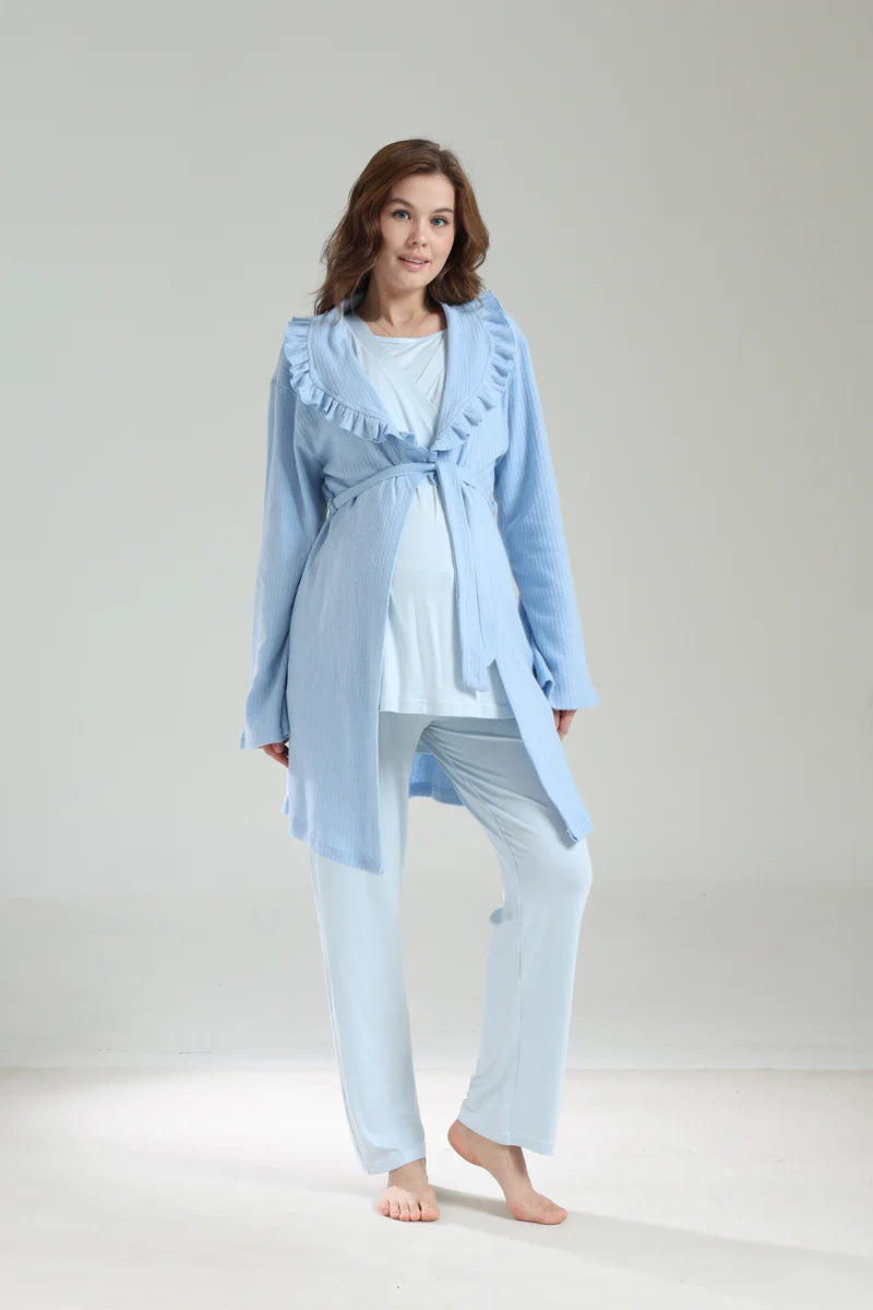 Bebe Yaka Uzun Kollu Sabahlıklı Kruvaze Lohusa Pijama Takımı-1039