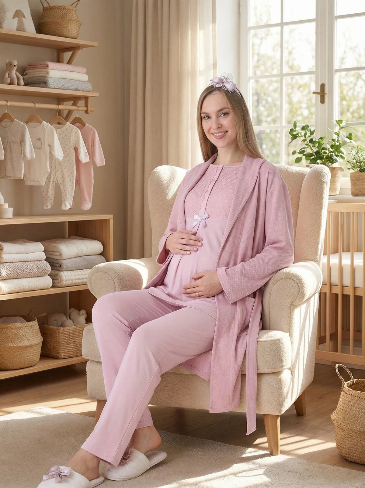 Pudra Kısa Kollu Dantel İşlemeli Emzirme Özellikli Sabahlıklı Lohusa Pijama Takımı-3461