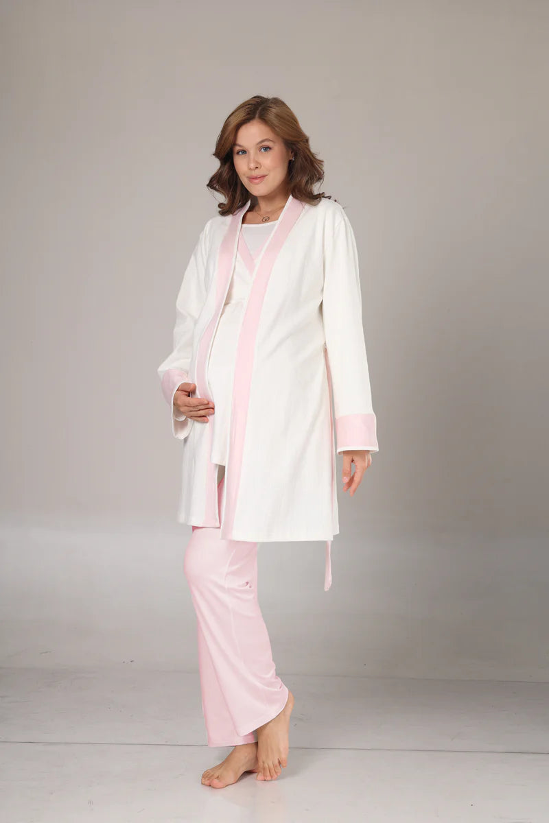 Pembe Şeritli Kruvaze Sabahlıklı Lohusa Pijama Takımı-1032