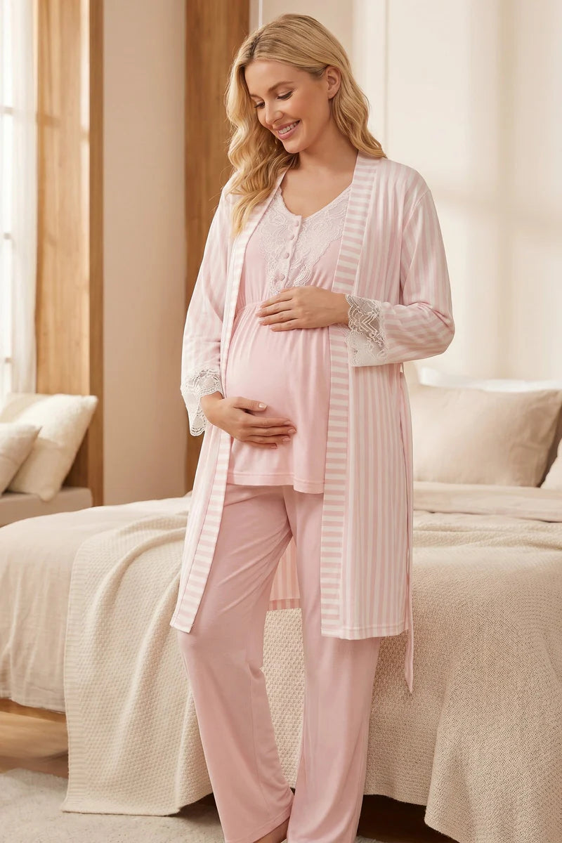 Kısa Kollu Dantel Detaylı Çizgili Sabahlıklı Lohusa Pijama Takımı-2053