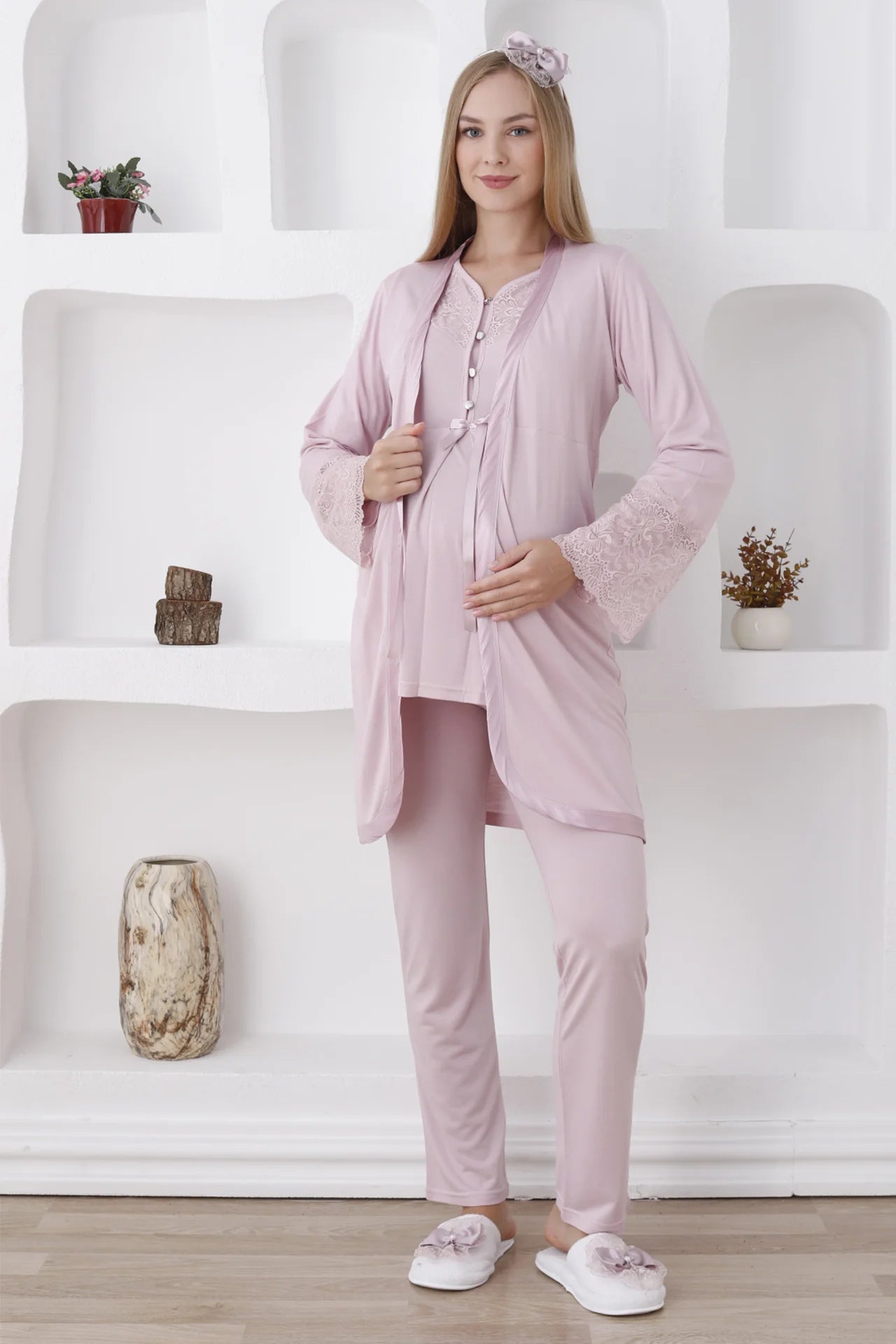 Pudra Emzirme Özellikli Dantel Kol Detaylı Sabahlıklı Lohusa Pijama Takımı-3426