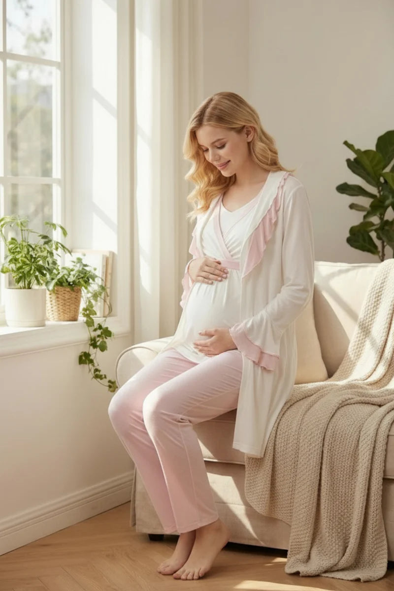 Fırfır Yakalı Pembe Detay Sabahlıklı Kruvaze Lohusa Pijama Takımı-2012