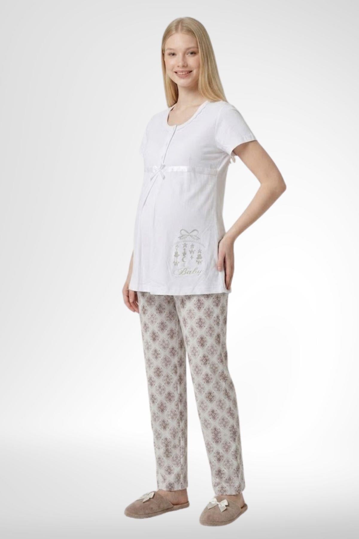 Kısa Kollu Emzirme Kolaylıklı Lohusa Pijama Takımı-6350