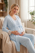 Kalp Desenli Dantel Yaka Detaylı Sabahlıklı Lohusa Pijama Takımı-2060