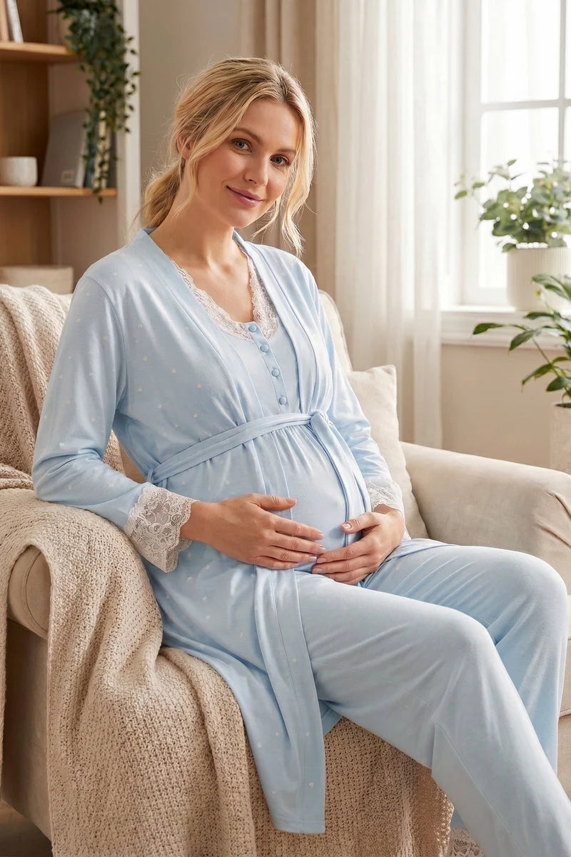 Kalp Desenli Dantel Yaka Detaylı Sabahlıklı Lohusa Pijama Takımı-2060