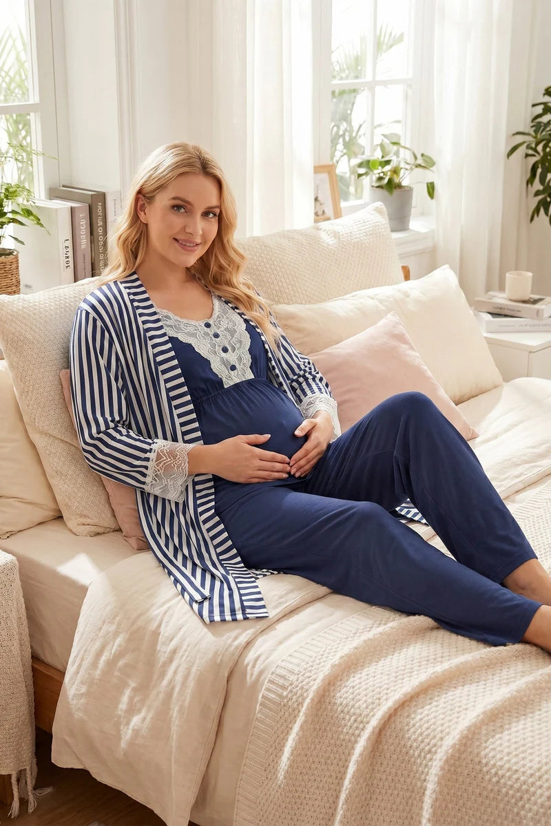 Kısa Kollu Dantel Detaylı Çizgili Sabahlıklı Lohusa Pijama Takımı-2055