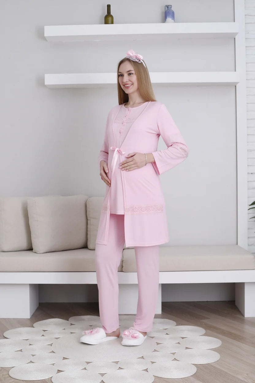 Pudra Kısa Kollu Emzirme Özellikli Sabahlıklı Lohusa Pijama Takımı-3439