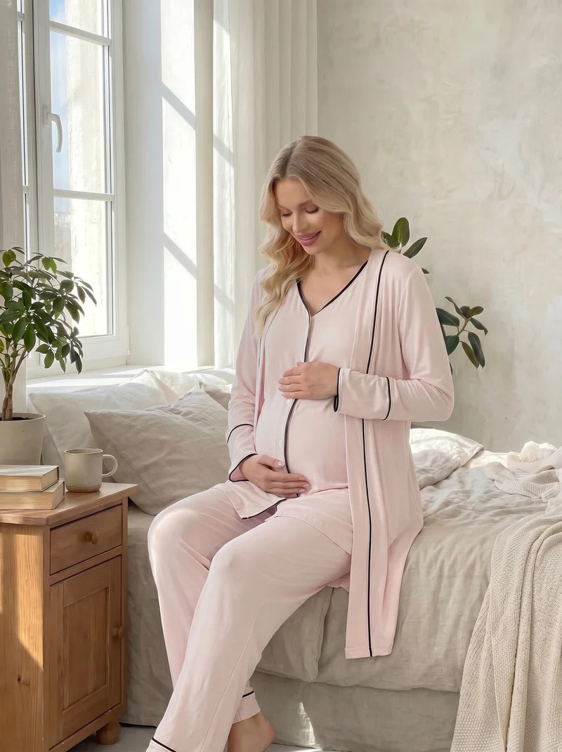 Kısa Kollu Önden Düğmeli Lohusa Sabahlıklı Pijama Takım- 2038