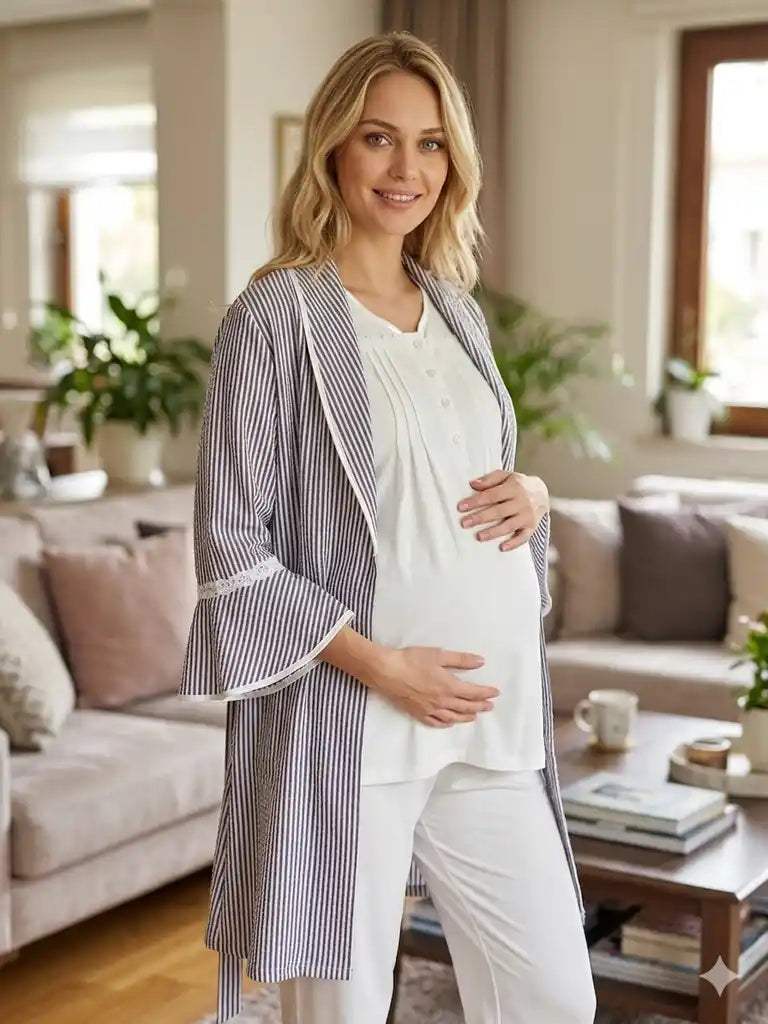 Ekru Uzun Kollu Emzirme Özellikli Dokuma Çizgili Sabahlıklı Lohusa Pijama Takımı-6309