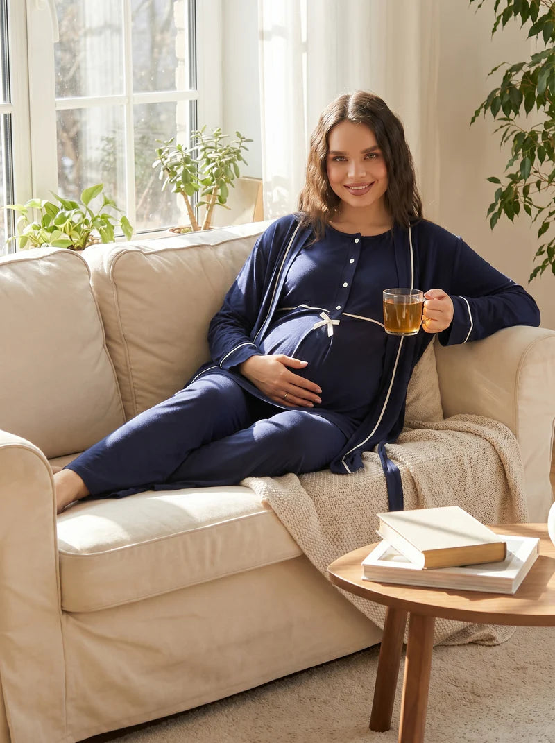 Biyeli Önden Düğmeli Lohusa Sabahlıklı Pijama Takım- 509