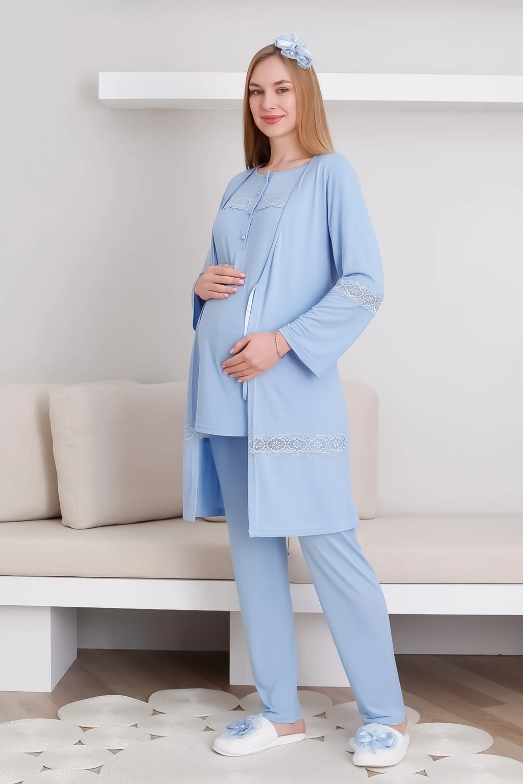 Mavi Kısa Kollu Emzirme Özellikli Sabahlıklı Lohusa Pijama Takımı-3439