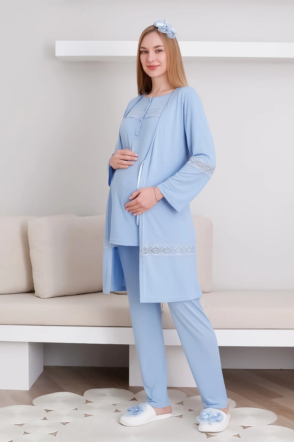 Mavi Kısa Kollu Emzirme Özellikli Sabahlıklı Lohusa Pijama Takımı-3439