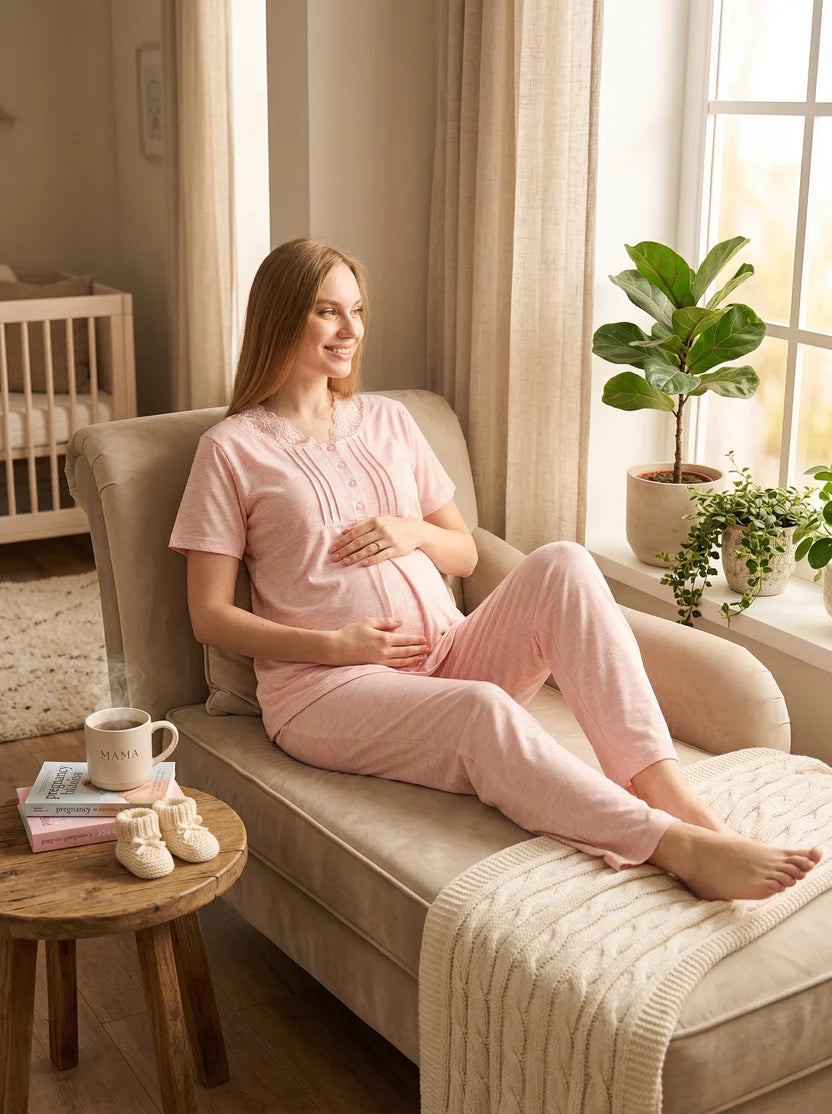 Somon Dantel Yaka Detaylı Emzirme Özellikli Sabahlıklı Lohusa Pijama Takımı-3462