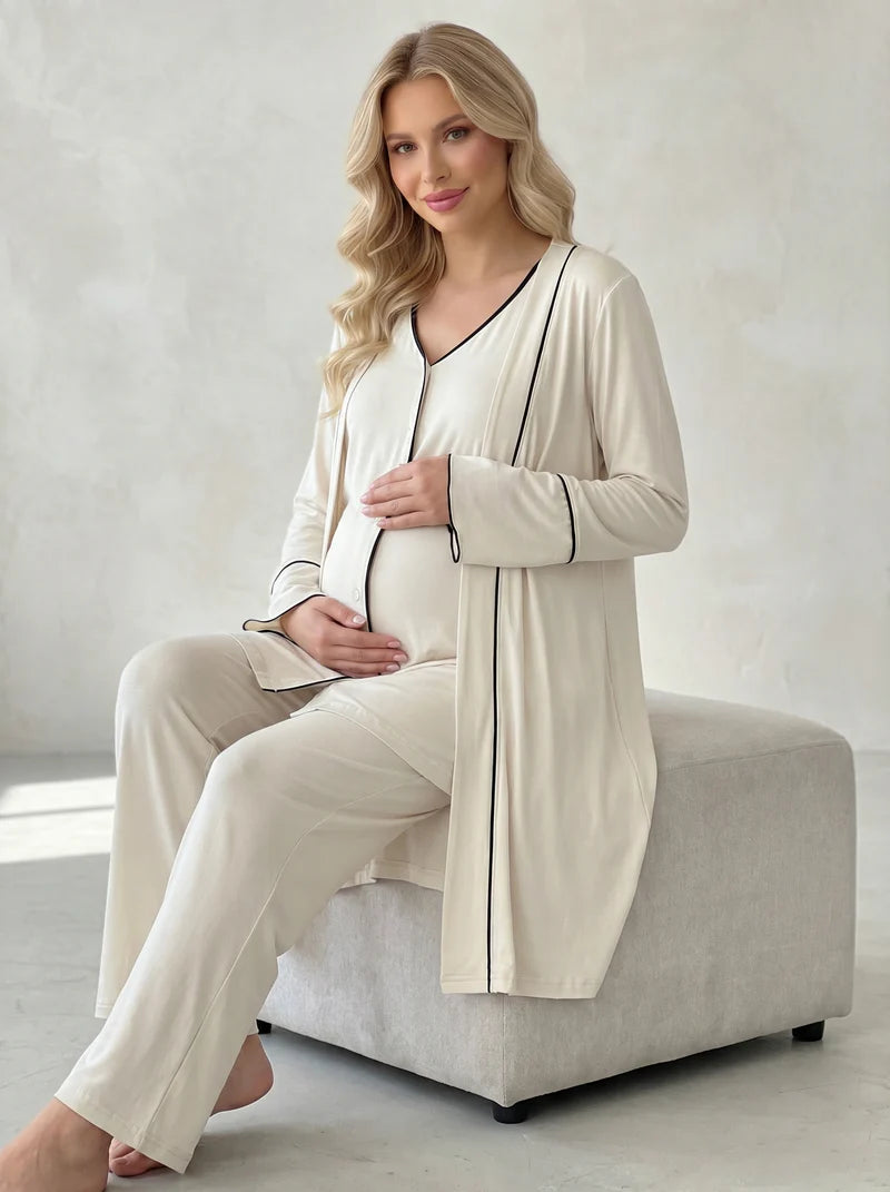 Kısa Kollu Önden Düğmeli Lohusa Sabahlıklı Pijama Takım- 2035