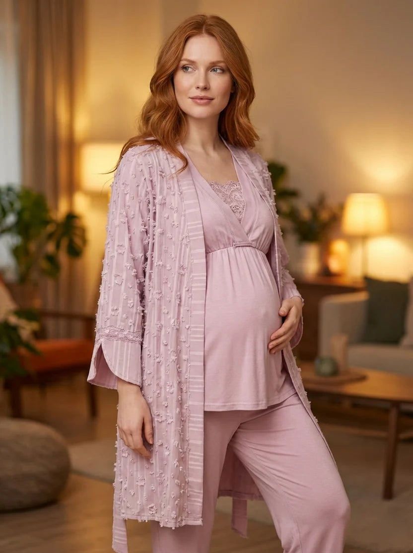 Gül Kurusu Kruvaze Yaka Dokuma Sabahlıklı Lohusa Pijama Takımı-6209