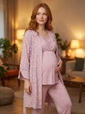 Gül Kurusu Kruvaze Yaka Dokuma Sabahlıklı Lohusa Pijama Takımı-6209