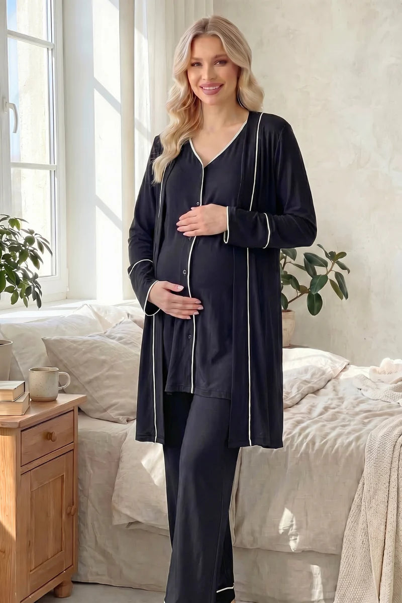 Kısa Kollu Önden Düğmeli Lohusa Sabahlıklı Pijama Takım- 2037