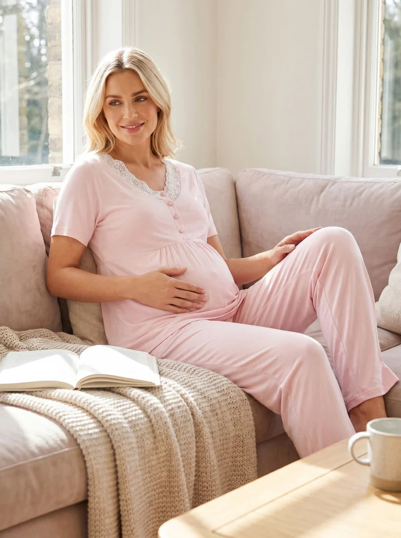 Kalp Desenli Dantel Yaka Detaylı Sabahlıklı Lohusa Pijama Takımı-2059