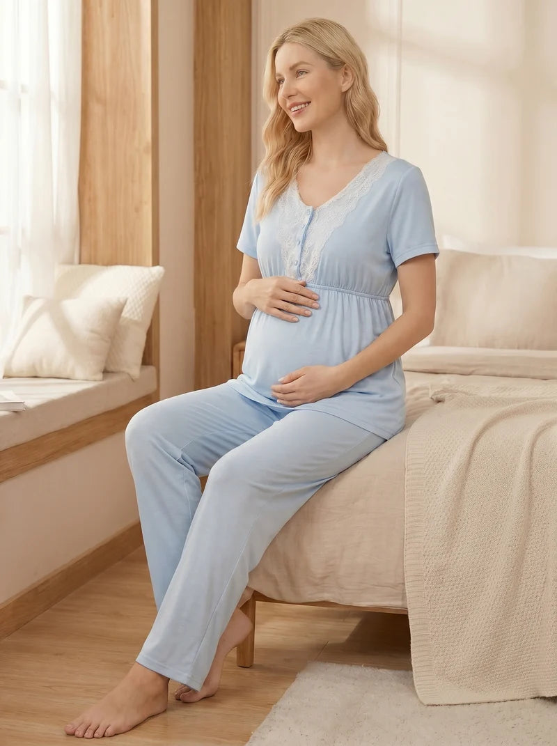 Kısa Kollu Dantel Detaylı Çizgili Sabahlıklı Lohusa Pijama Takımı-2054