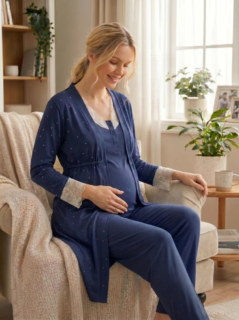 Kalp Desenli Dantel Yaka Detaylı Sabahlıklı Lohusa Pijama Takımı-2061