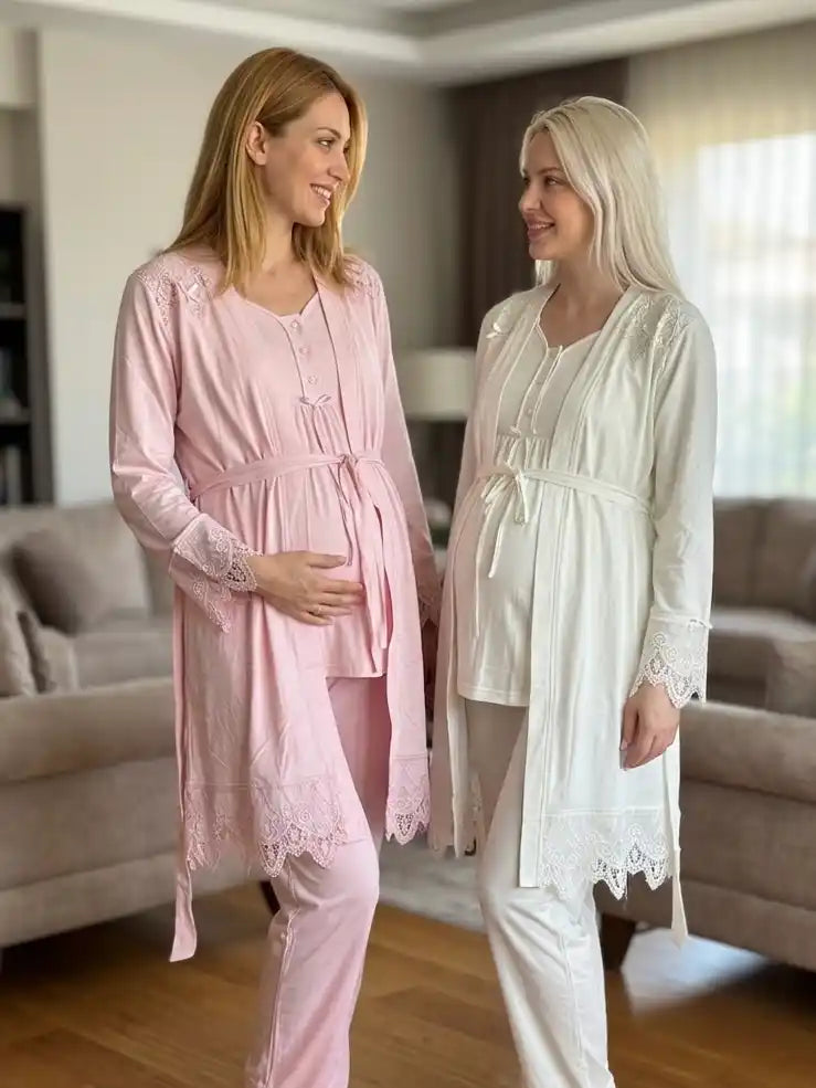 Uzun Kollu Dantel Detaylı Emzirme Özellikli Sabahlıklı Lohusa Pijama Takımı-6109