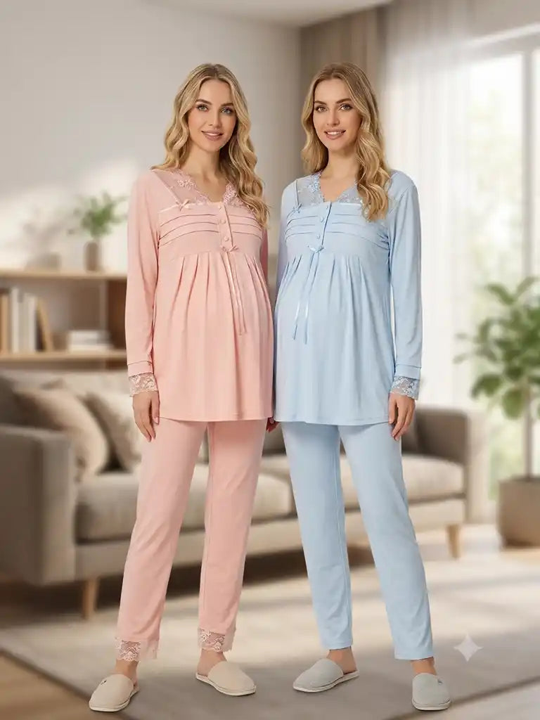 Mavi-Pudra Uzun Kollu Emzirme Özellikli Dantel Detaylı Jakar Sabahlıklı Lohusa Pijama Takımı-6304