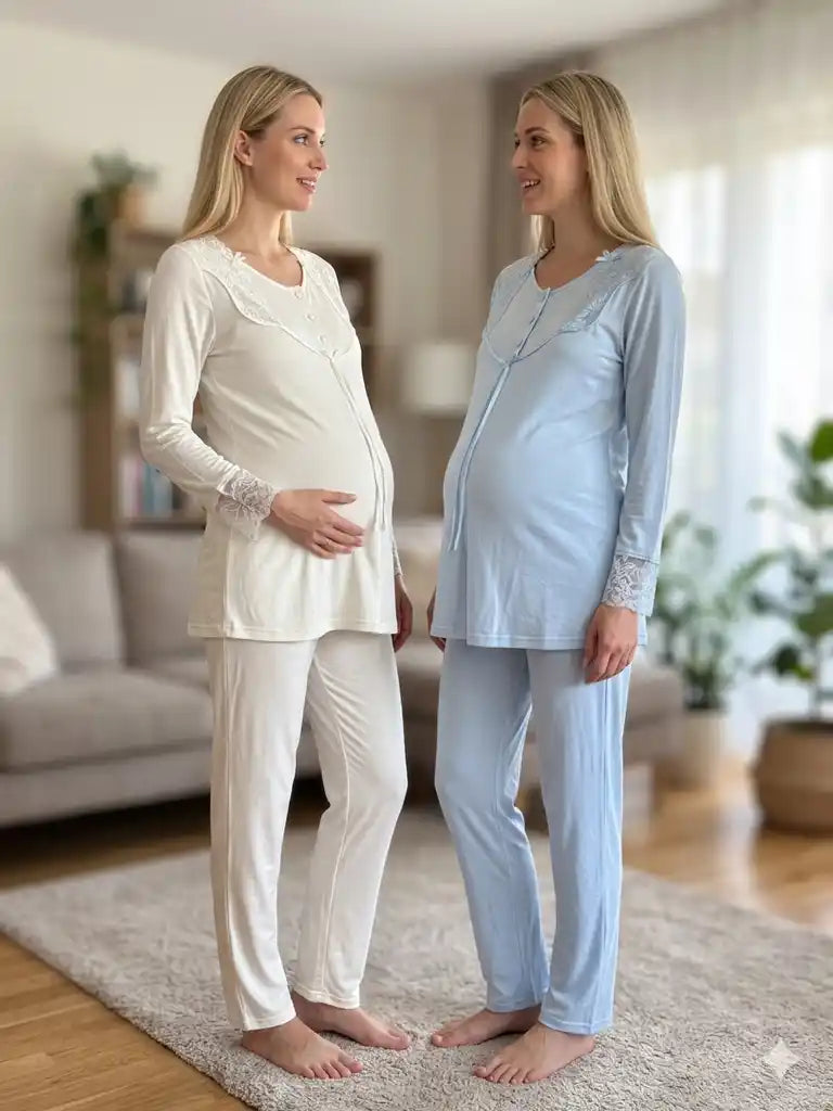 Ekru-Mavi Uzun Kollu Emzirme Özellikli Dantel Kol Sabahlıklı Lohusa Pijama Takımı-6302