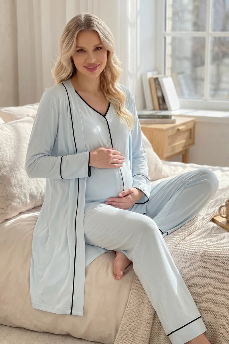 Kısa Kollu Önden Düğmeli Lohusa Sabahlıklı Pijama Takım- 2036