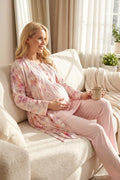 Çiçek Desenli Yumuşak Dokulu Soft Lohusa Sabahlıklı Pijama Takım- 715