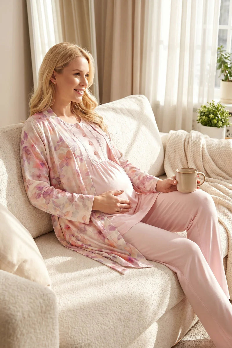 Çiçek Desenli Yumuşak Dokulu Soft Lohusa Sabahlıklı Pijama Takım- 715